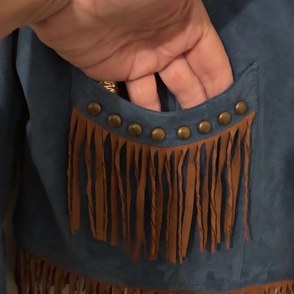 Double D Ranch blue leather brown fringe jacket studded front zip RTL $995 M NWT - Picture 3 of 5